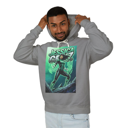 Jessica Cruz Hoodie | Green Lantern Hoodie | DC Superhero Pullover - gray pullover with glowing green Jessica Cruz comic art