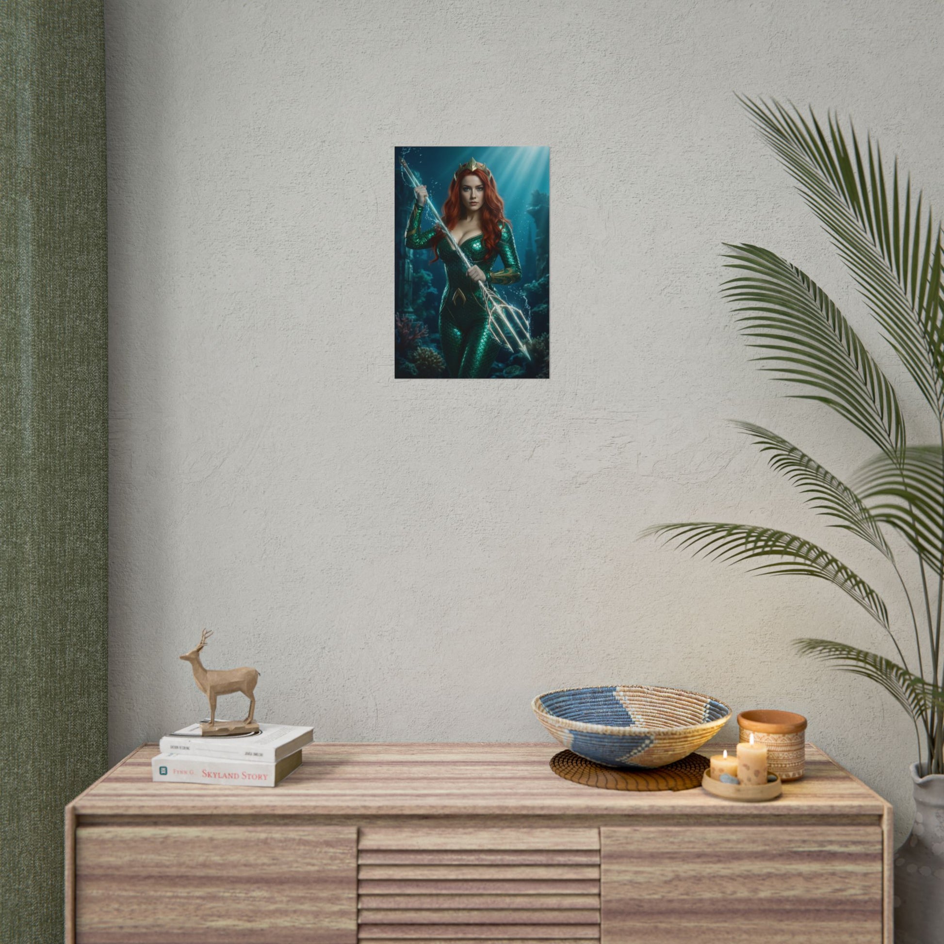 Mera Poster, DC Comics Art Print – Iconic Atlantean Heroine Wall Art showing Mera trident portrait in modern gamer room decor