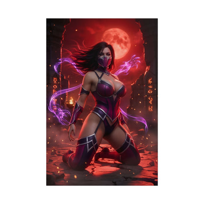 Mileena Poster / Mileena Wall Art / Mileena Art Print / Mortal Kombat Poster - fierce Mileena kneeling in crimson arena with swirling energy