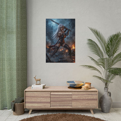 A2 Poster, NieR Automata Art Print – Sci-Fi RPG Heroine Wall Decor showing fierce female cyborg warrior with sword in dystopian gaming room setting