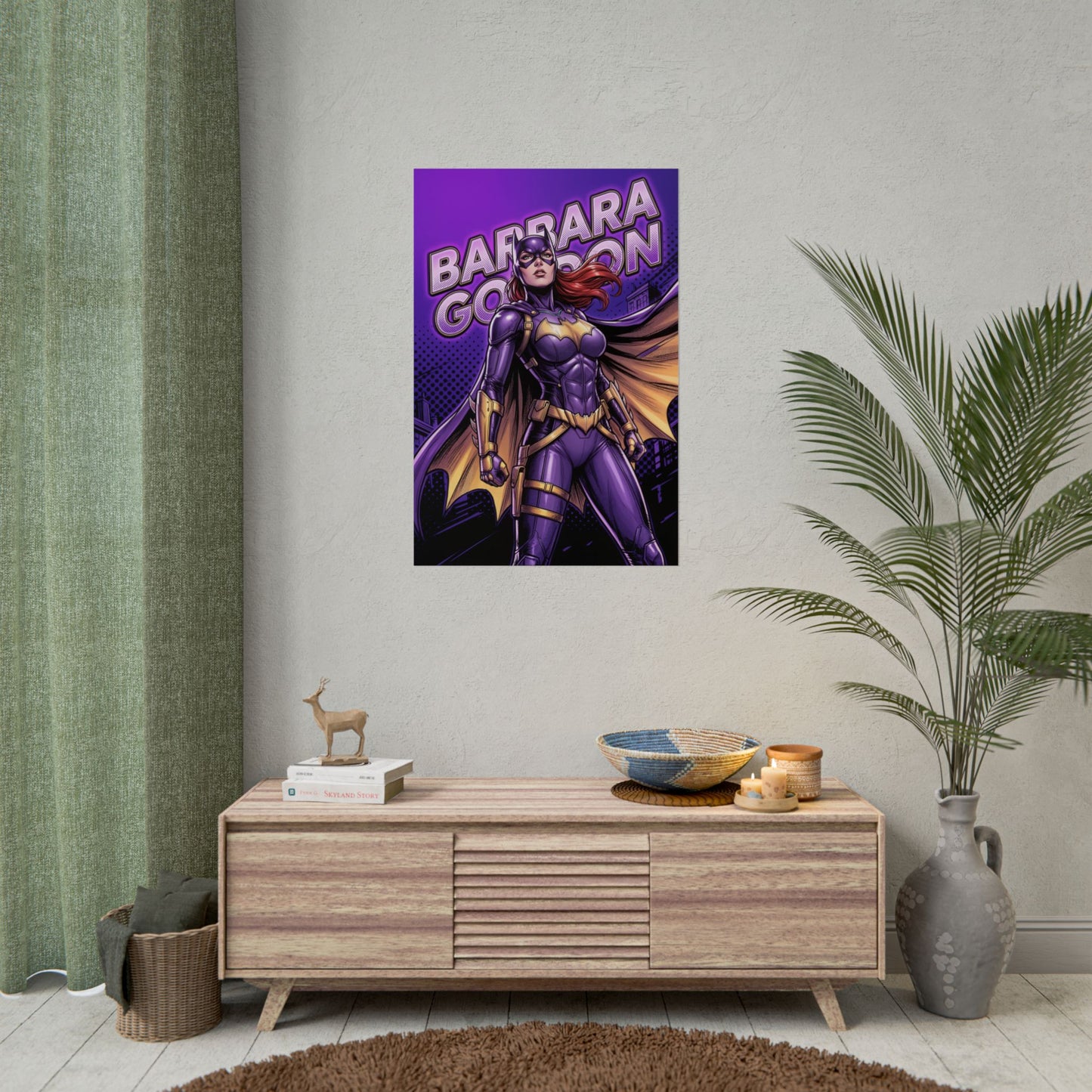 Batgirl Poster / Batgirl Wall Art / Batgirl Art Print / DC Comics Poster — bold purple Batgirl hero print on modern living room wall