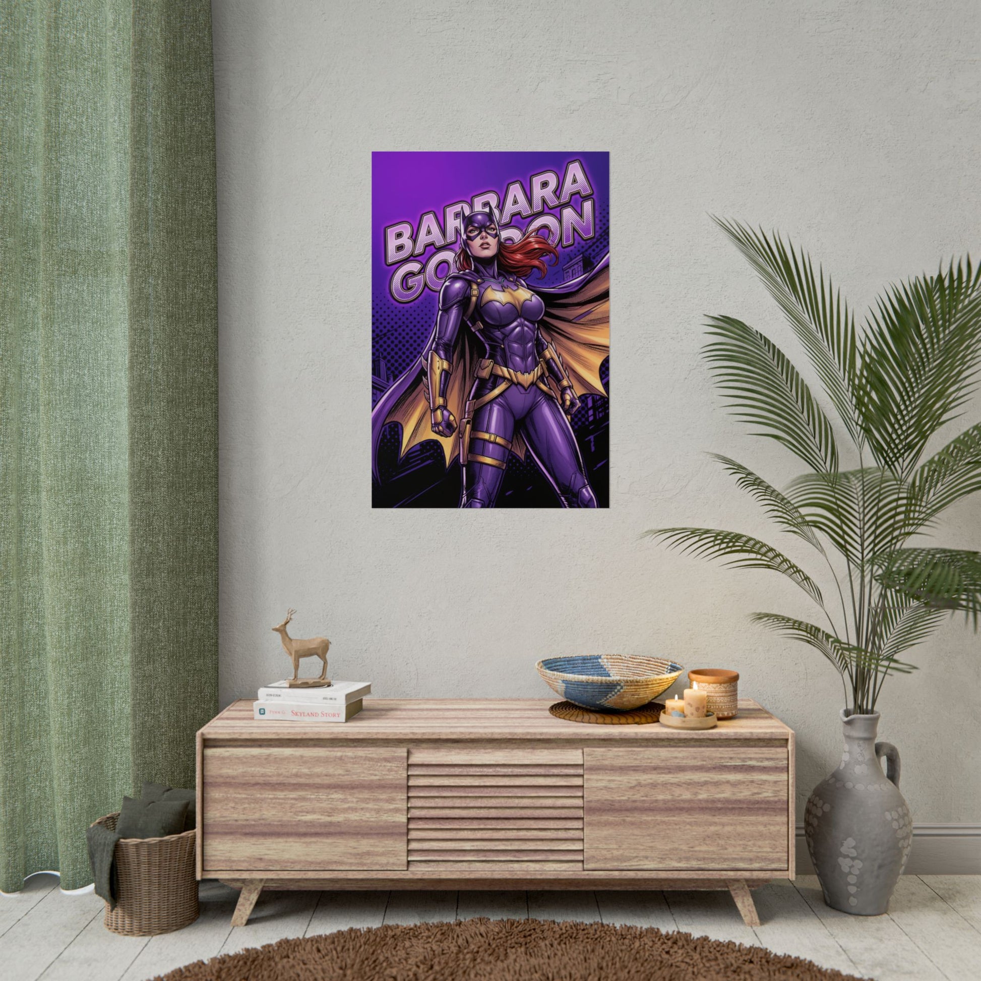 Batgirl Poster / Batgirl Wall Art / Batgirl Art Print / DC Comics Poster — bold purple Batgirl hero print on modern living room wall
