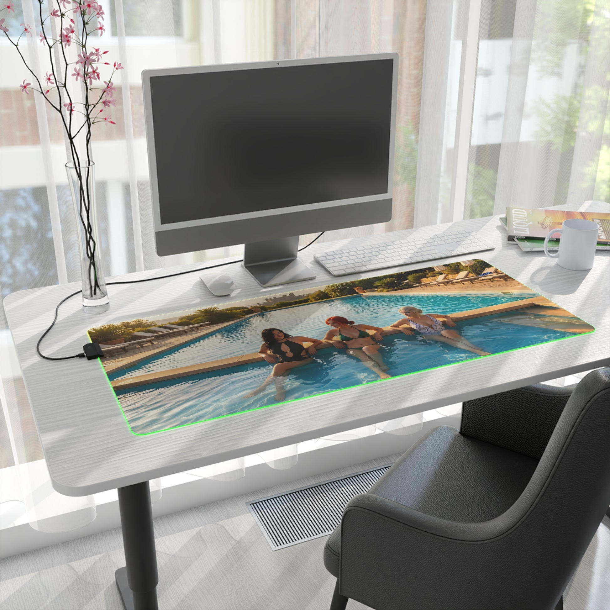 Ciri, Triss Merigold & Yennefer Desk Mat – LED RGB Pad showing trio-themed pool artwork on illuminated gaming desk mat