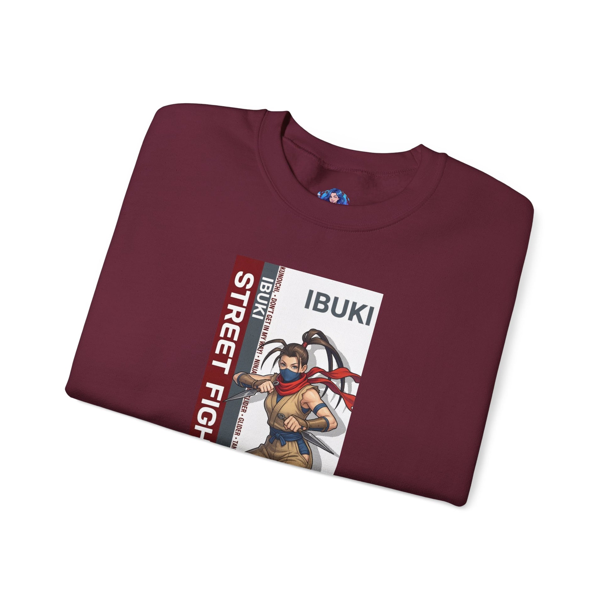 Ibuki Sweatshirt, Street Fighter Crewneck, Agile Ninja Gaming Apparel for Fans folded maroon crewneck with Ibuki character art