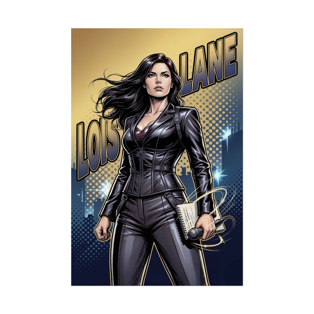 Lois Lane Poster / Lois Lane Wall Art / Lois Lane Art Print / DC Comics Poster - confident Lois Lane with notebook and microphone in city-lit comic art
