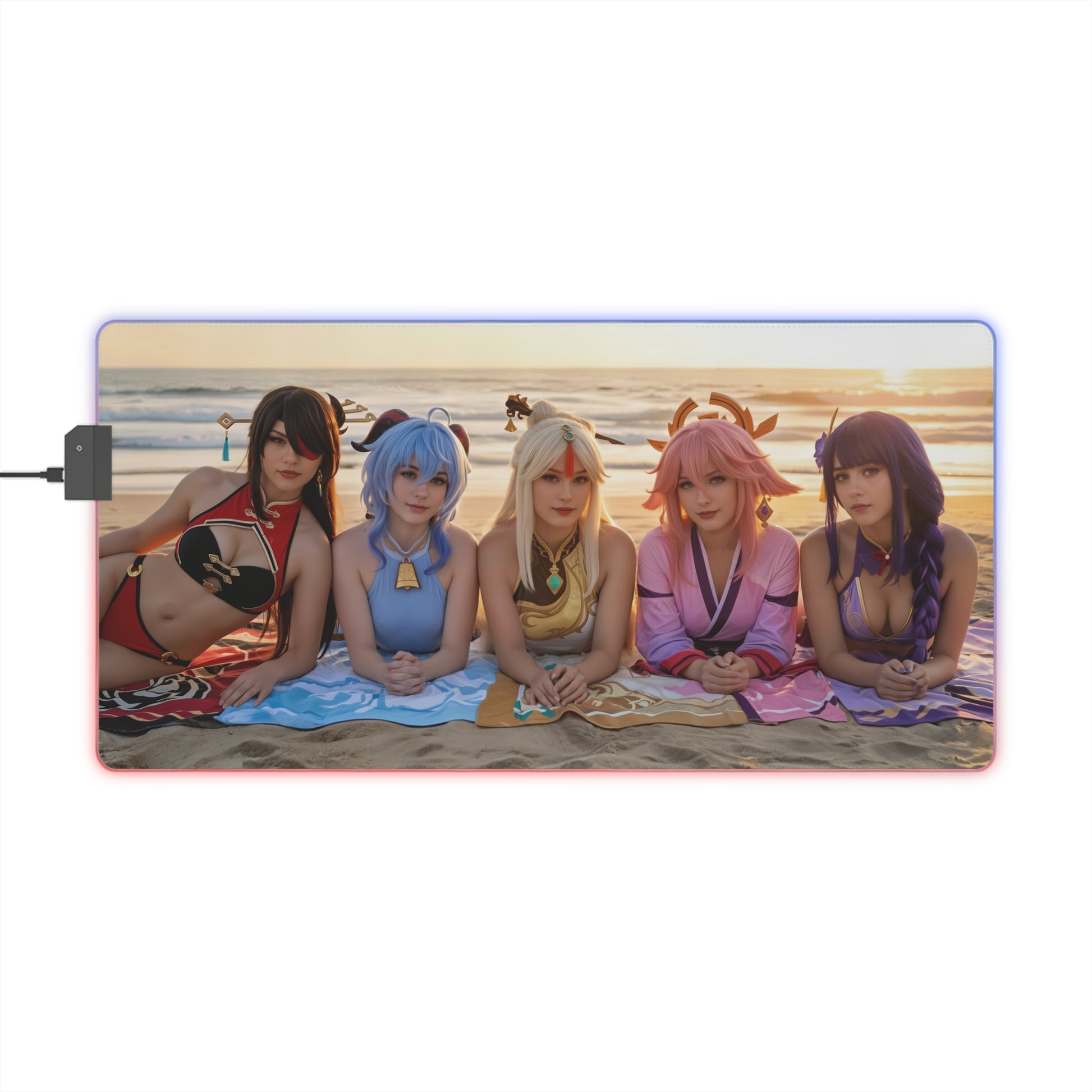 Genshin Impact Girls Desk Mat – LED RGB Pad, Waifu Anime Girl Setup with five female characters on a beach sunset gaming mat