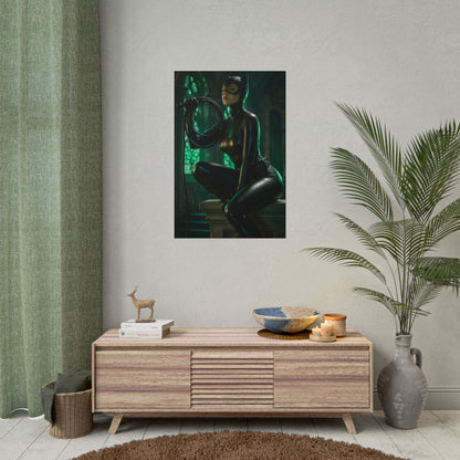 Black Cat Marvel Poster – Iconic Comic Anti-Heroine Wall Art Decor displayed in a modern living room above a wooden console
