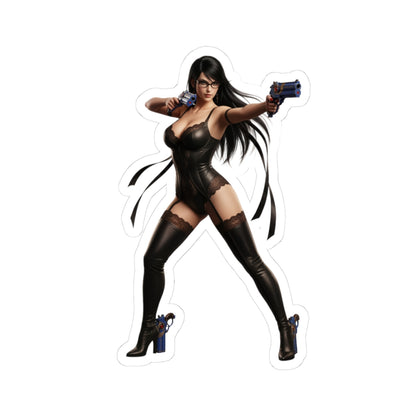 Bayonetta Sticker – Action Game Vinyl Sticker for Laptops & Indoor Decor, glossy durable vinyl decal of stylized action-game heroine aiming twin pistols