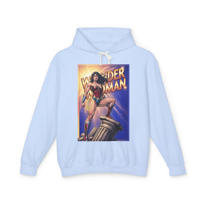 Wonder Woman Hoodie | DC Superhero Hoodie | Amazon Warrior Pullover - light blue streetwear pullover with classic Wonder Woman poster graphic