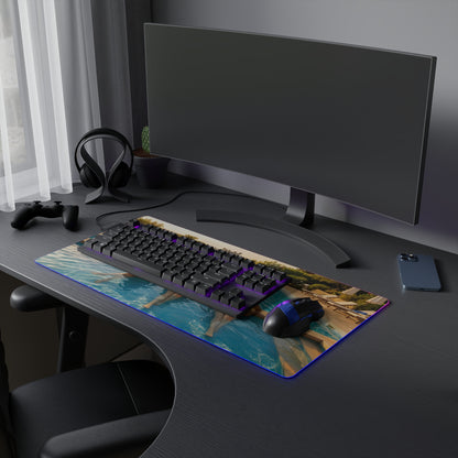Ciri, Triss Merigold & Yennefer Desk Mat – LED RGB Pad showcasing trio fantasy artwork on illuminated gaming desk mat with keyboard and mouse