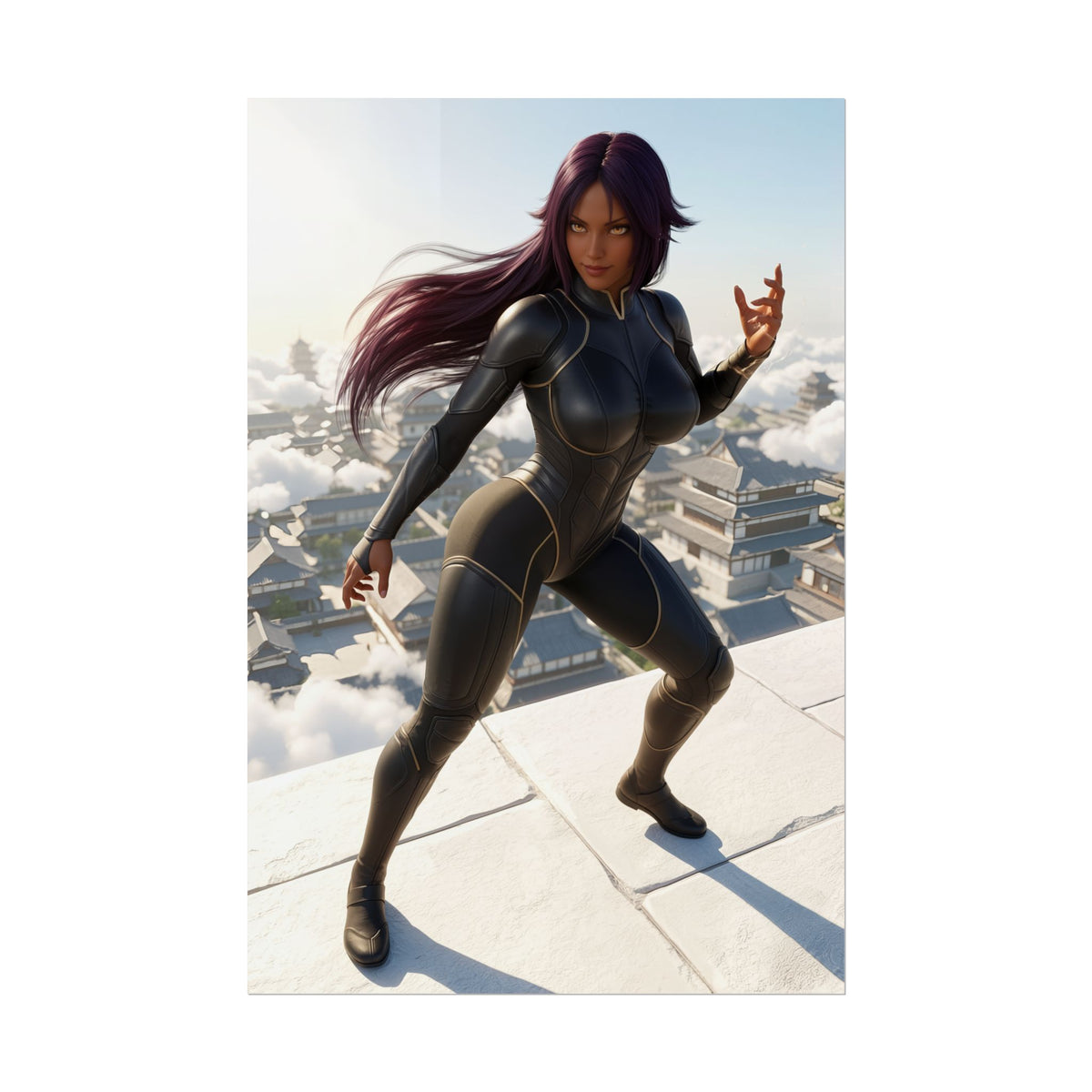 Yoruichi Shihouin Poster, Bleach Wall Art Print  Anime Decor featuring dynamic pose of armored heroine on rooftop above clouds