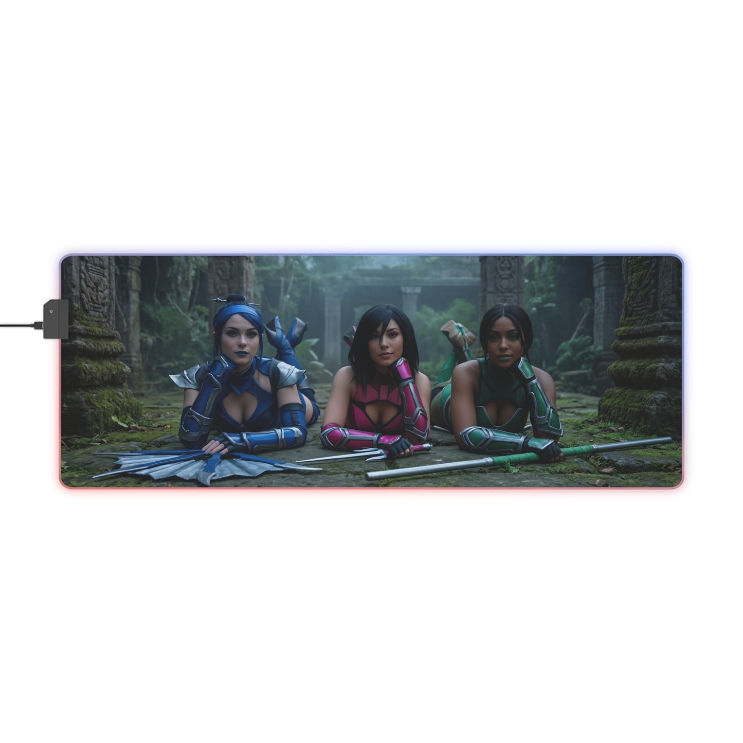 Kitana, Jade, Mileena Desk Mat – LED RGB Pad showing three Edenian warriors on a large RGB gaming desk mat