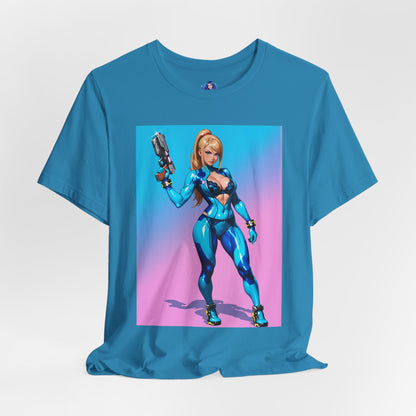 Samus Aran Grafik-T-Shirt | Sci-Fi-Kopfgeldjäger-T-Shirt für Gamer | Anime-Kriegerinnen-Shirt