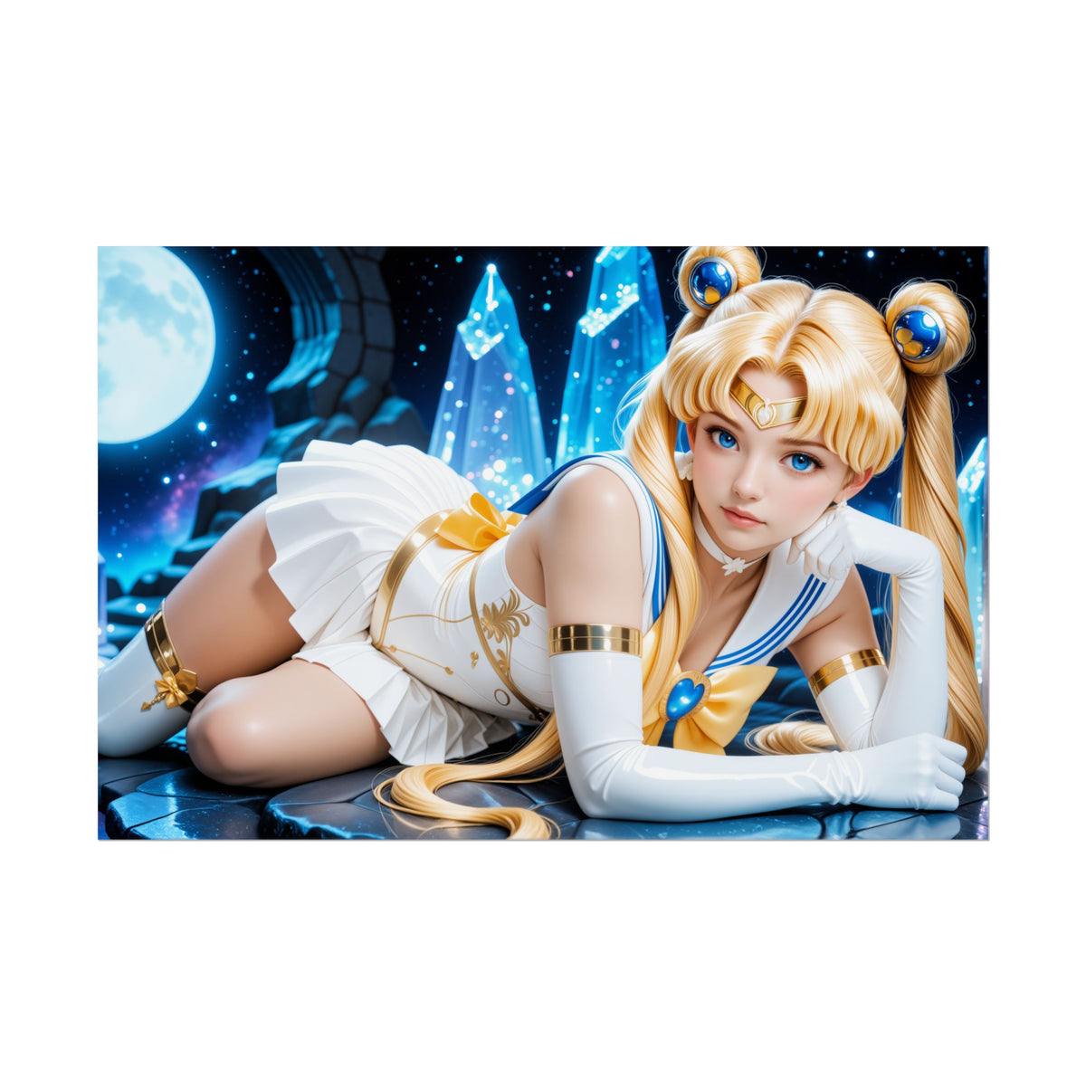 Sailor Moon Anime Poster | Waifu Wall Art for Magical Moonlight Room Decor  dreamy transformation pose, blonde hair, iconic staff, starlit moon backdrop