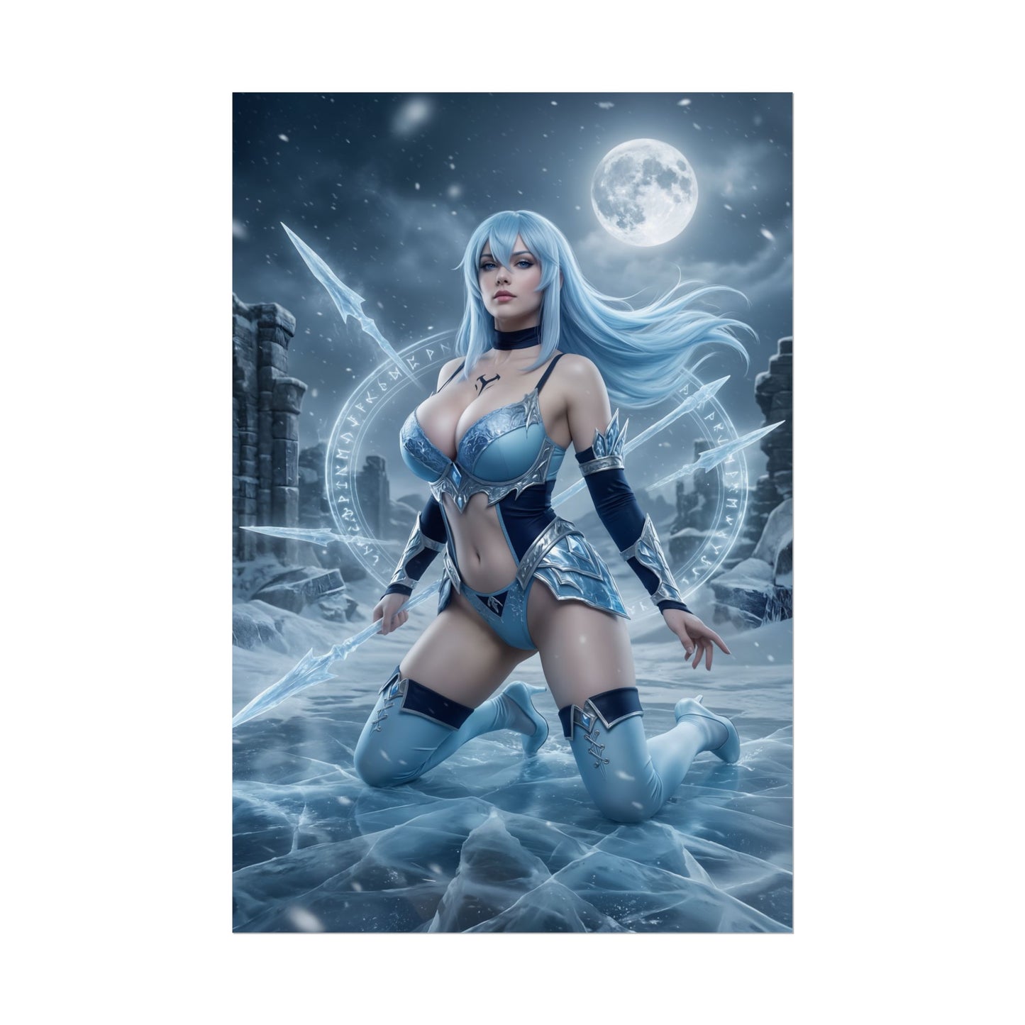 Esdeath Poster / Esdeath Wall Art / Esdeath Art Print / Akame ga Kill Poster featuring Esdeath kneeling on icy battlefield under moonlight, crystalline magic