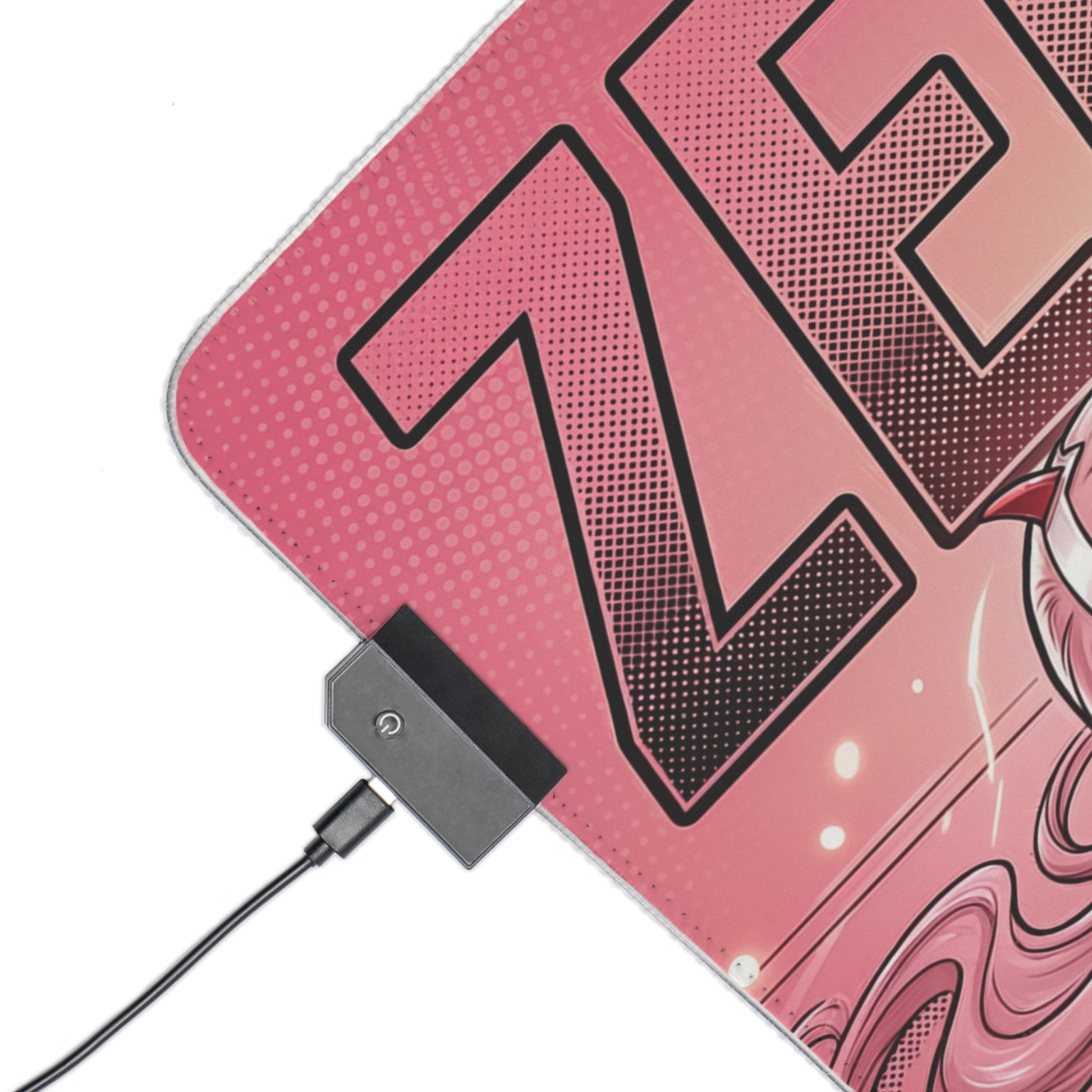 Zero Two RGB Desk Mat, Anime Gaming Mouse Pad, LED Desk Mat for Gamer Setup - close-up of pink edge, USB LED controller and bold Z graphic
