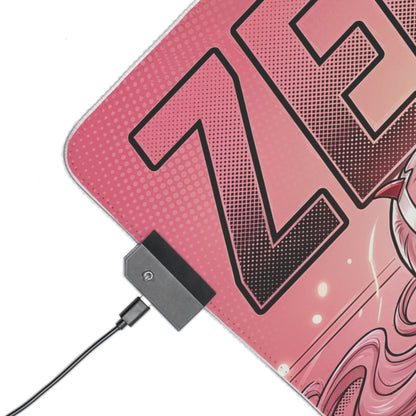 Zero Two RGB Desk Mat, Anime Gaming Mouse Pad, LED Desk Mat for Gamer Setup - close-up of pink edge, USB LED controller and bold Z graphic