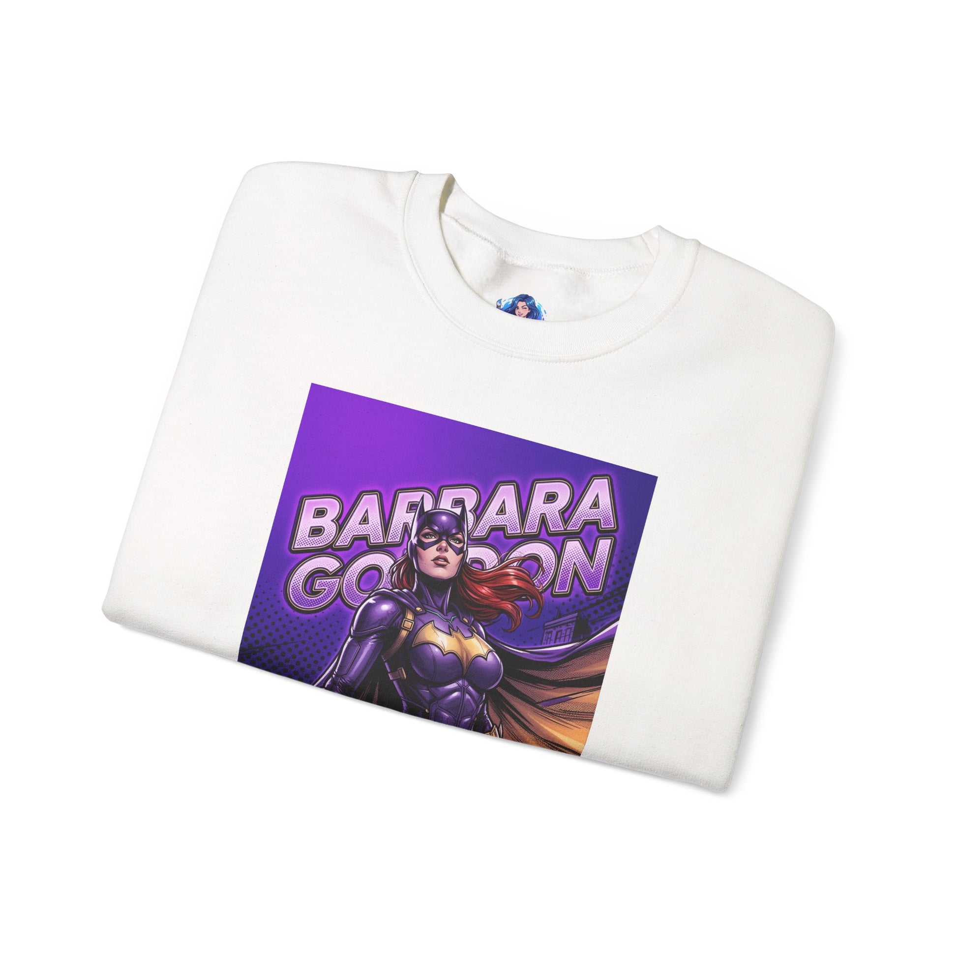 Batgirl Sweatshirt, DC Comics Crewneck, Gotham Hero Fan Apparel folded white crewneck with purple comic-style Batgirl illustration