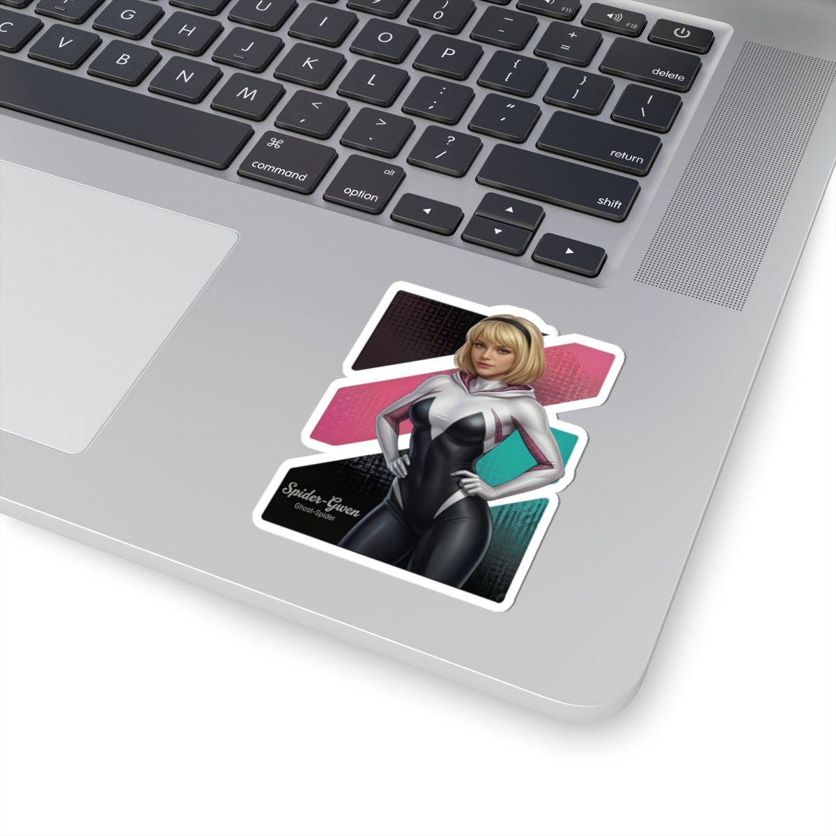 Spider-Gwen Sticker – Superhero Vinyl Sticker for Laptops & Indoor Decor on silver laptop corner, glossy durable vinyl, vibrant colors, bubble-free application