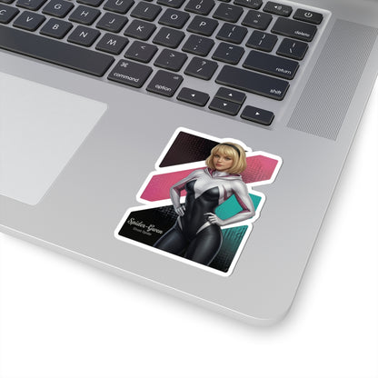 Spider-Gwen Sticker – Superhero Vinyl Sticker for Laptops & Indoor Decor on silver laptop corner, glossy durable vinyl, vibrant colors, bubble-free application