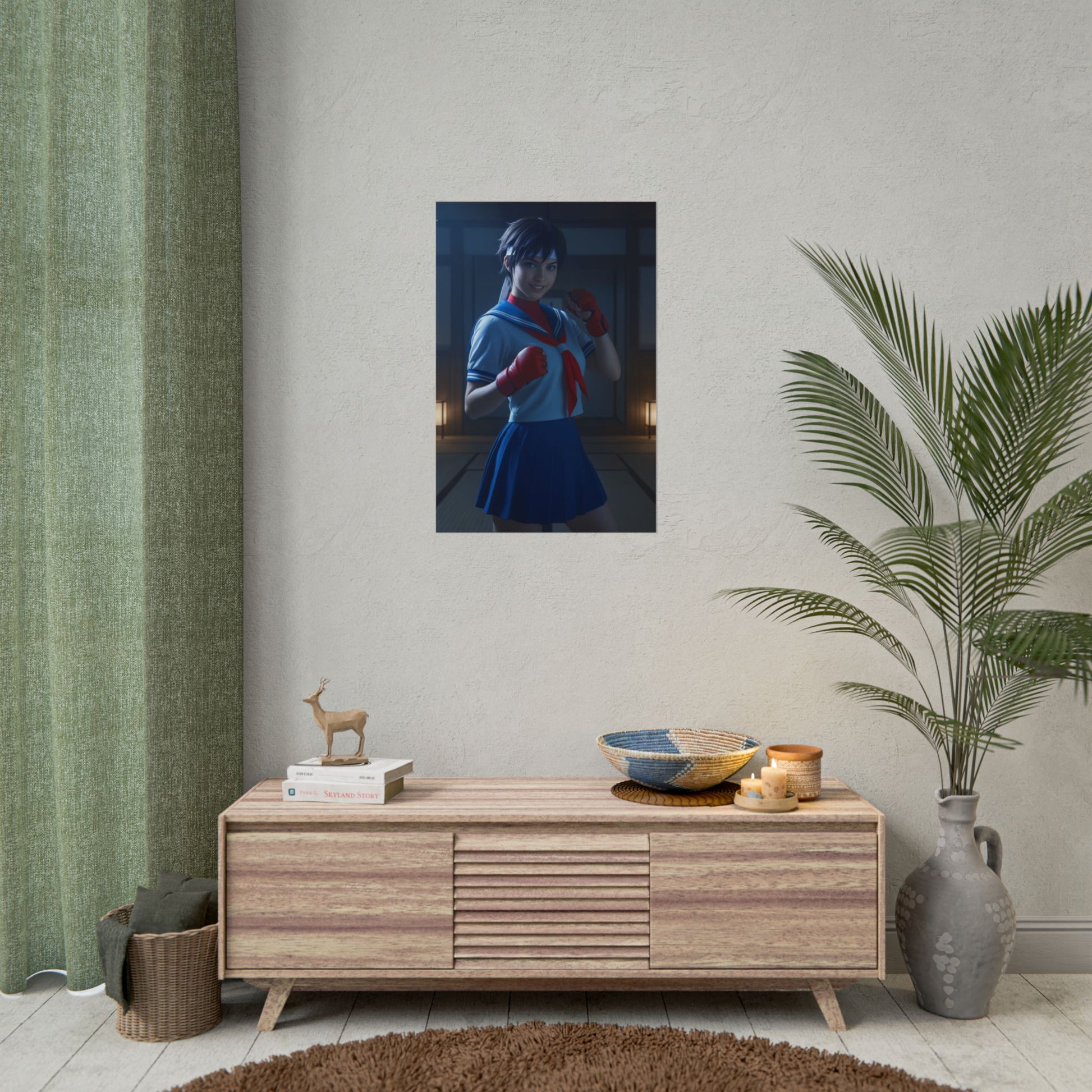 Sakura Kasugano Poster, Street Fighter Art Print – Iconic Fighting Heroine vibrant high-res wall art in gaming room