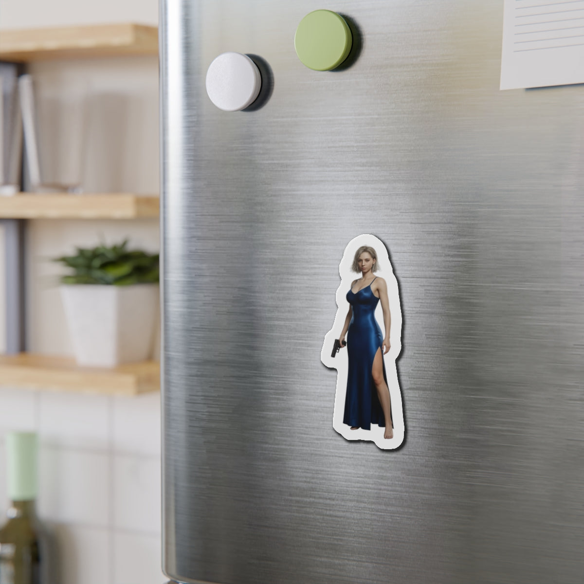 Grace Ashcroft Magnet, Resident Evil Fridge Magnet, Gaming Room Decor - anime-style vinyl collectible on stainless fridge
