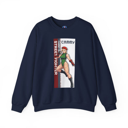 Cammy Sweatshirt, Street Fighter Crewneck, Classic Fighting Game Apparel for Fans - navy crewneck with Cammy character art
