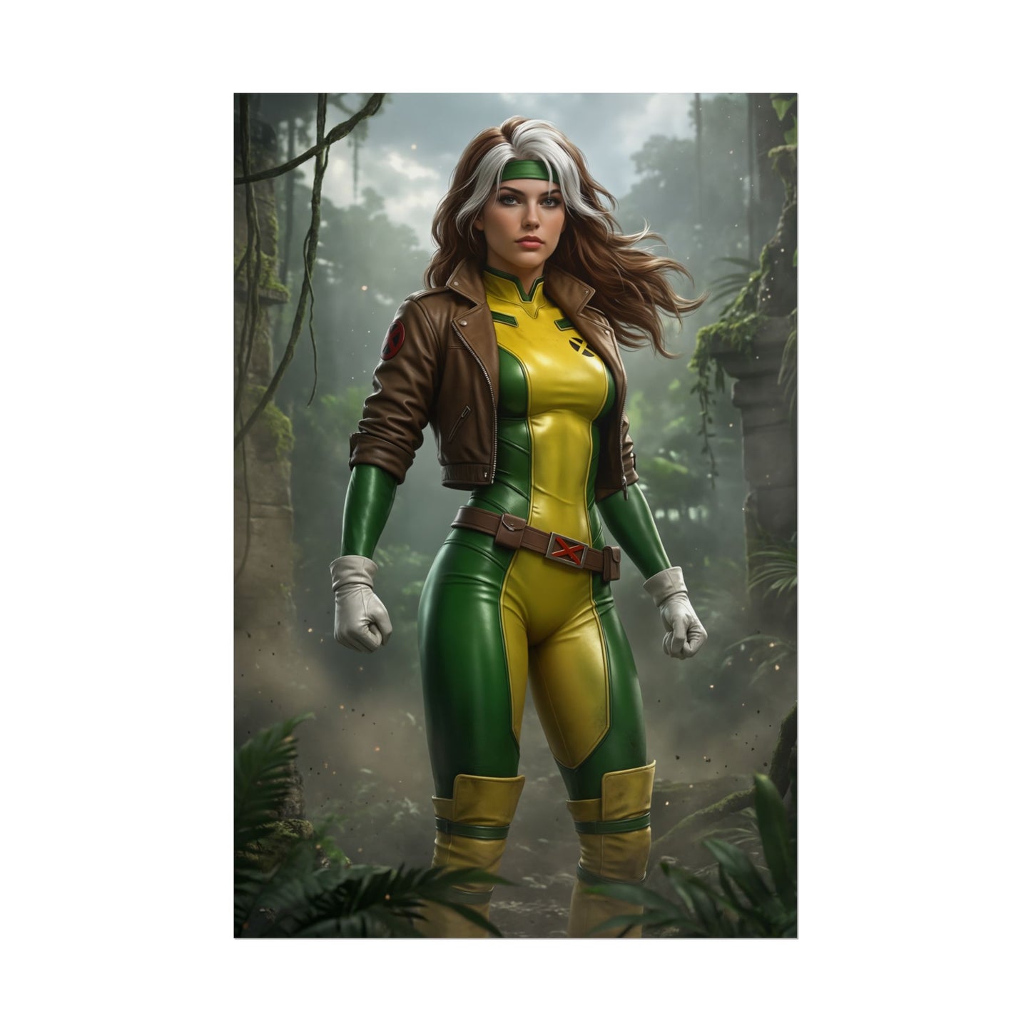 Rogue X-Men Poster – Iconic Mutant Heroine Wall Art for Gamer Decor featuring Rogue in green and yellow suit with leather jacket