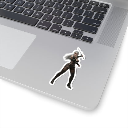 Ciri Sticker – Fantasy Game Vinyl Sticker for Laptops & Indoor Decor on silver laptop showcasing glossy, high-detail vinyl decal