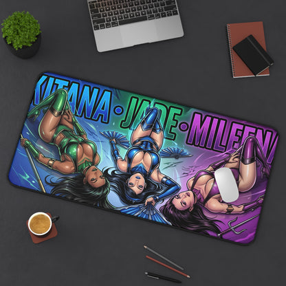 Kitana Jade Mileena Mouse Pad – Fighting Game Gaming Mouse Pad, Gamer Desk Decor showing trio character artwork on a large desk mat