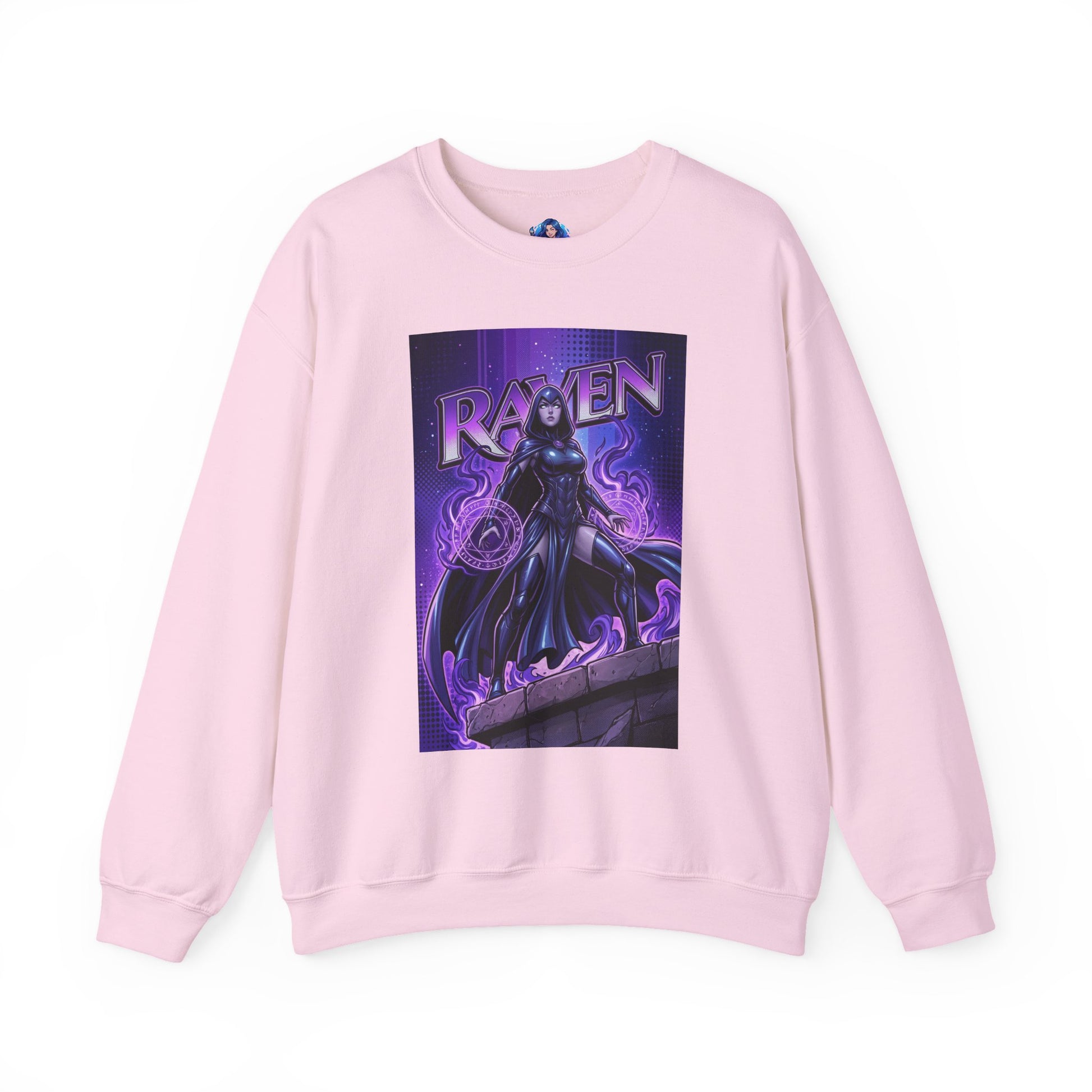 Raven Sweatshirt, DC Comics Art Print Style, Premium Mystic Apparel featuring anime-inspired Raven with glowing arcane symbols on pink crewneck