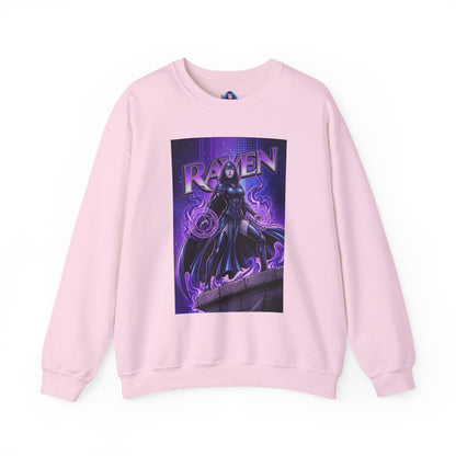 Raven Sweatshirt, DC Comics Art Print Style, Premium Mystic Apparel featuring anime-inspired Raven with glowing arcane symbols on pink crewneck