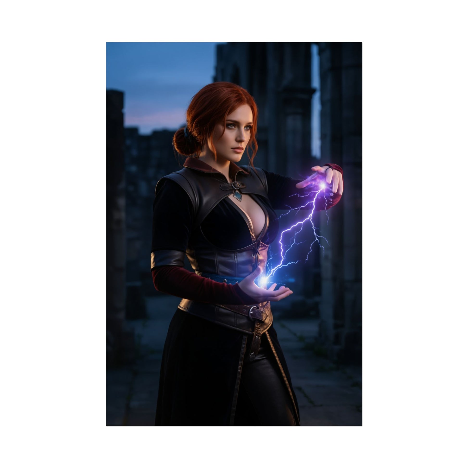 Triss Merigold Poster, The Witcher Art Print – Iconic Mage Heroine Wall Art showing Triss conjuring blue-purple magic bolts in gothic ruins