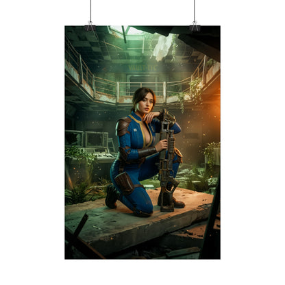 Lucy Poster, Fallout Series Art Print, Iconic Vault Dweller Wall Decor - determined vault dweller in blue suit holding rifle in ruined Vault-Tec interior