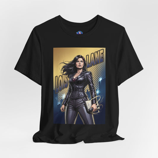 Lois Lane T-Shirt | DC Comics Anime Tee for Gamers & Fans featuring comic-style Lois with notebook and microphone on Bella Canvas 3001