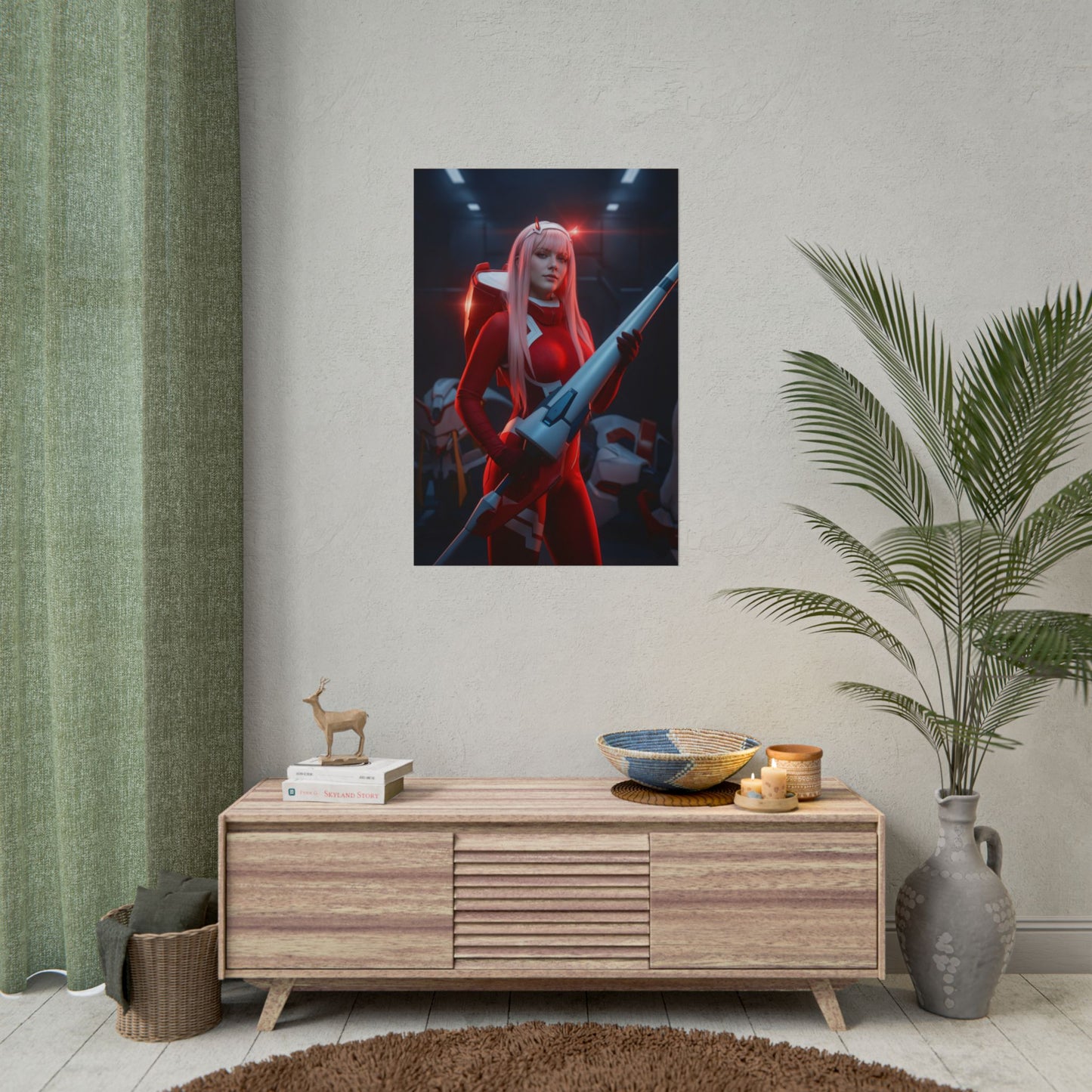 Zero Two Poster, Darling in the Franxx Art Print – Iconic Anime Heroine on modern wall above console, vibrant red sci‑fi illustration