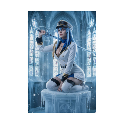Esdeath Poster, Akame ga Kill Art Print, Iconic Ice General Wall Decor — anime character in white naval uniform with sword in icy cathedral