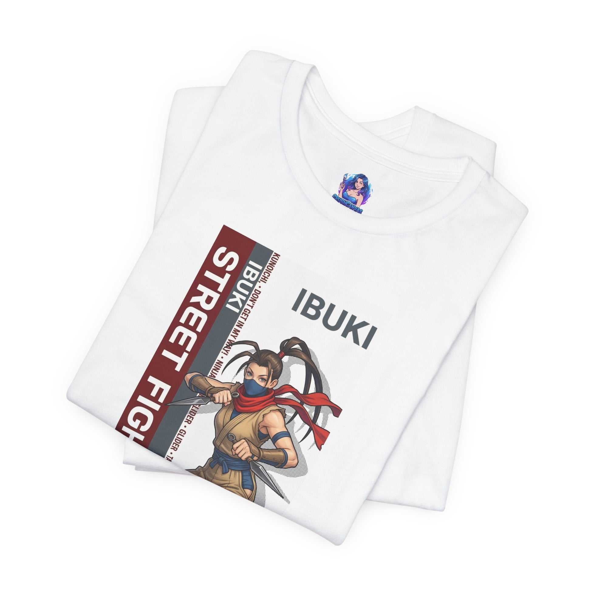 Ibuki T-Shirt | Street Fighter Anime Tee for Gamers & Fighting Game Fans - folded white Bella Canvas tee with dynamic Ibuki ninja print