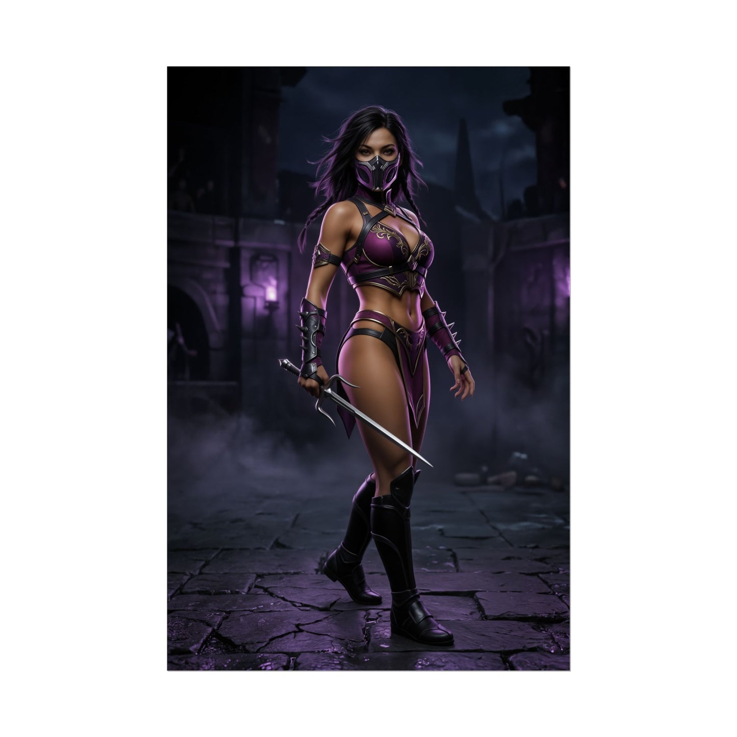 Mileena Poster Mortal Kombat Wall Art Print Gaming Room Decor featuring Mileena in dark arena with glowing purple tones and cinematic lighting