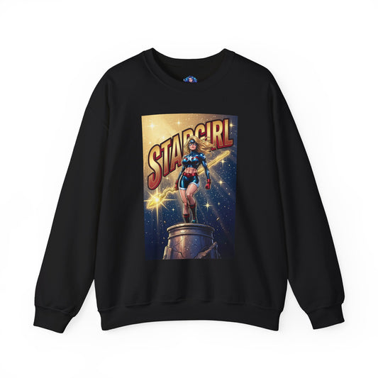 Stargirl Sweatshirt, DC Comics Character Art, Premium Fan Apparel — black crewneck with Stargirl holding cosmic staff and radiant gold star accents