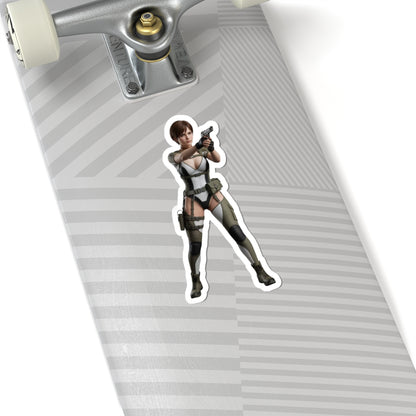 Rebecca Chambers Sticker – Survival Game Vinyl Sticker for Laptops & Indoor Decor on skateboard, glossy die-cut vinyl showing character with pistol