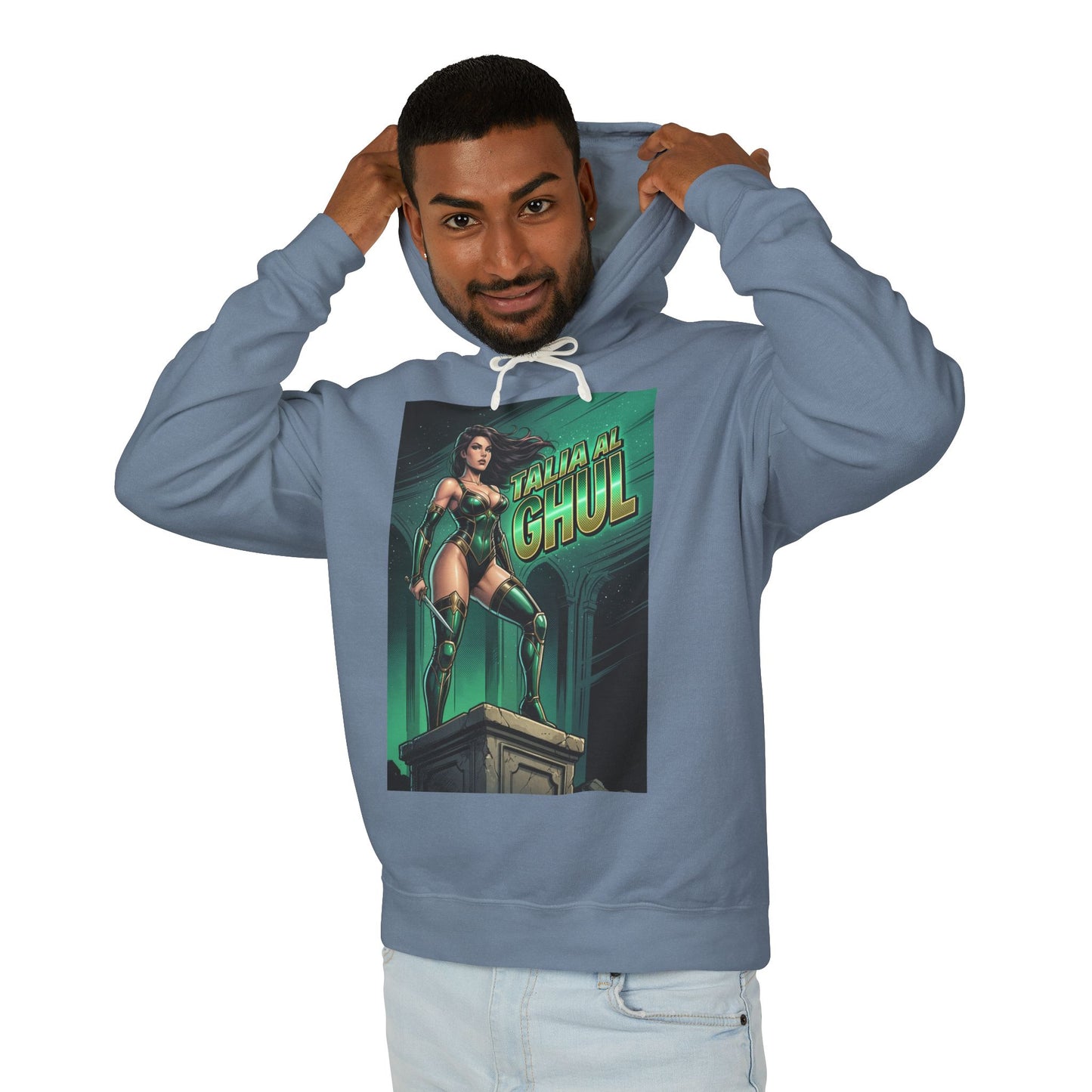 Talia al Ghul Hoodie | DC Villain Hoodie | League of Assassins Pullover – men’s blue pullover with Talia al Ghul graphic, soft 100% ring-spun cotton