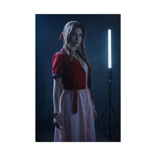 Aerith Poster, Final Fantasy Art Print – Iconic RPG Heroine Wall Art featuring realistic portrait of Aerith in red jacket and pink dress with soft studio lighting