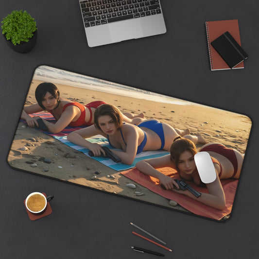 Gaming Mouse Pad – Ada Wong Claire Redfield Jill Valentine Desk Mat, Horror Setup featuring three women in swimsuits on a beach-themed desk mat with tactical pose