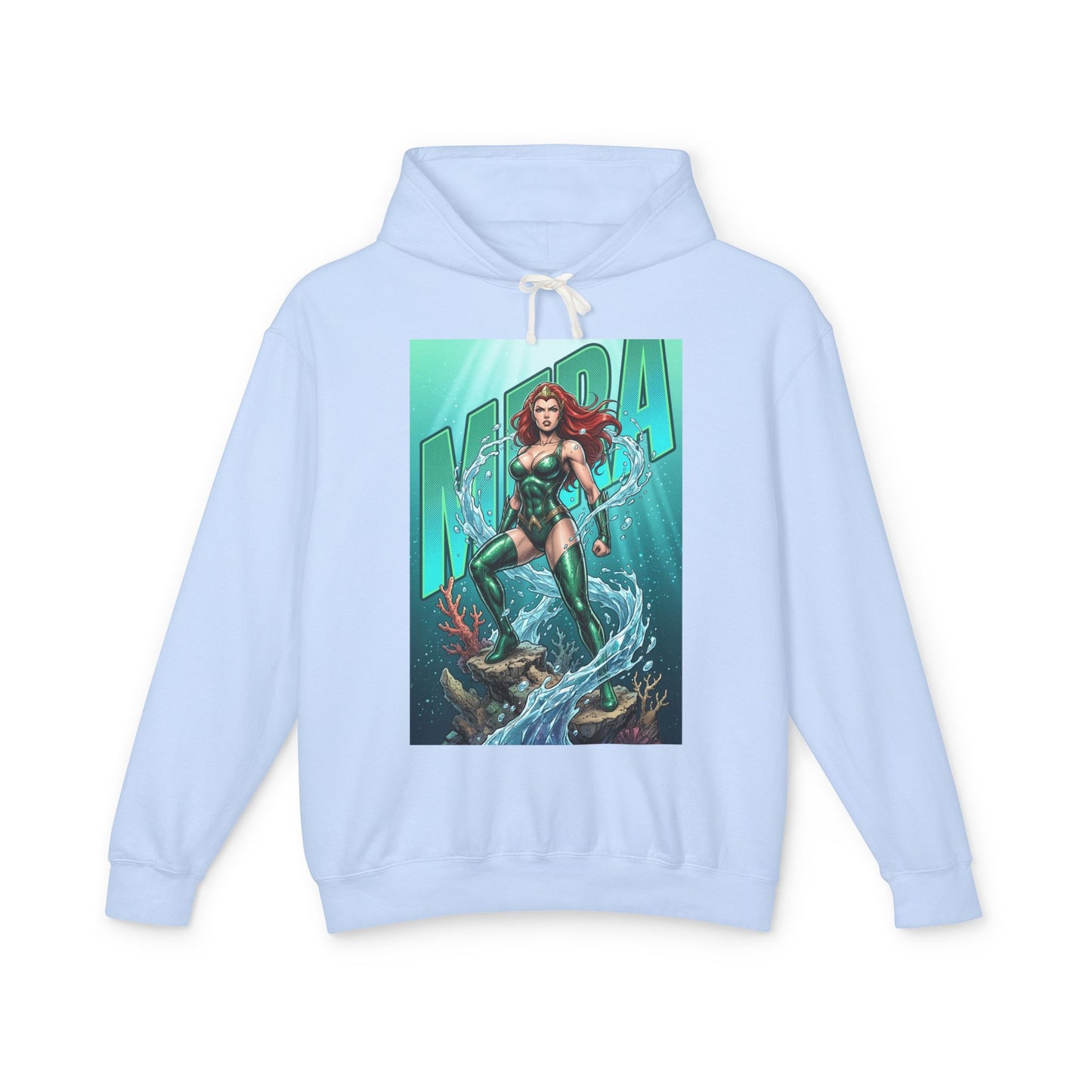 Mera Hoodie | DC Superhero Hoodie | Ocean-Born Warrior Pullover - light blue hoodie with bold Mera comic artwork