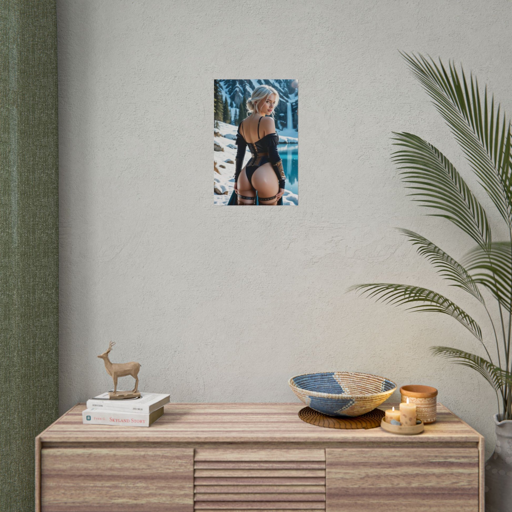Ciri Poster – Powerful Fantasy Heroine Wall Art for Home or Office Decor showing cinematic fantasy heroine poster above dresser in modern room