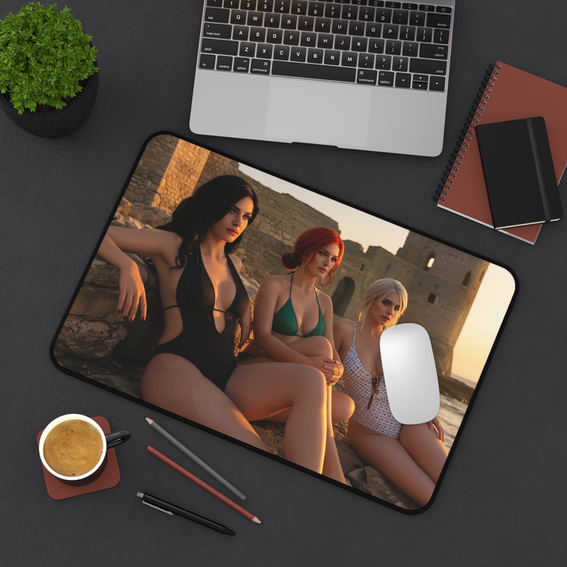 Ciri Triss Yennefer Desk Mat, Fantasy Gaming Mouse Pad, Witcher World Setup featuring Ciri Triss and Yennefer trio artwork on desk mat