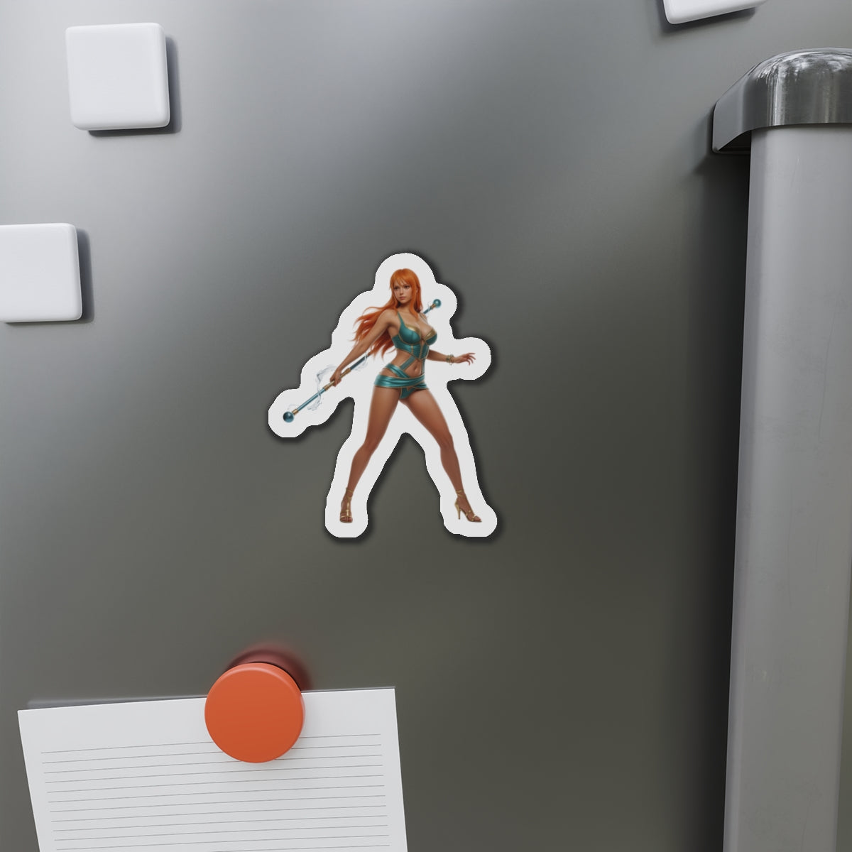 Nami Magnet – One Piece Anime Heroine Fridge Magnet, Pirate Decor on a fridge showing die-cut vinyl artwork of Nami in bright colors