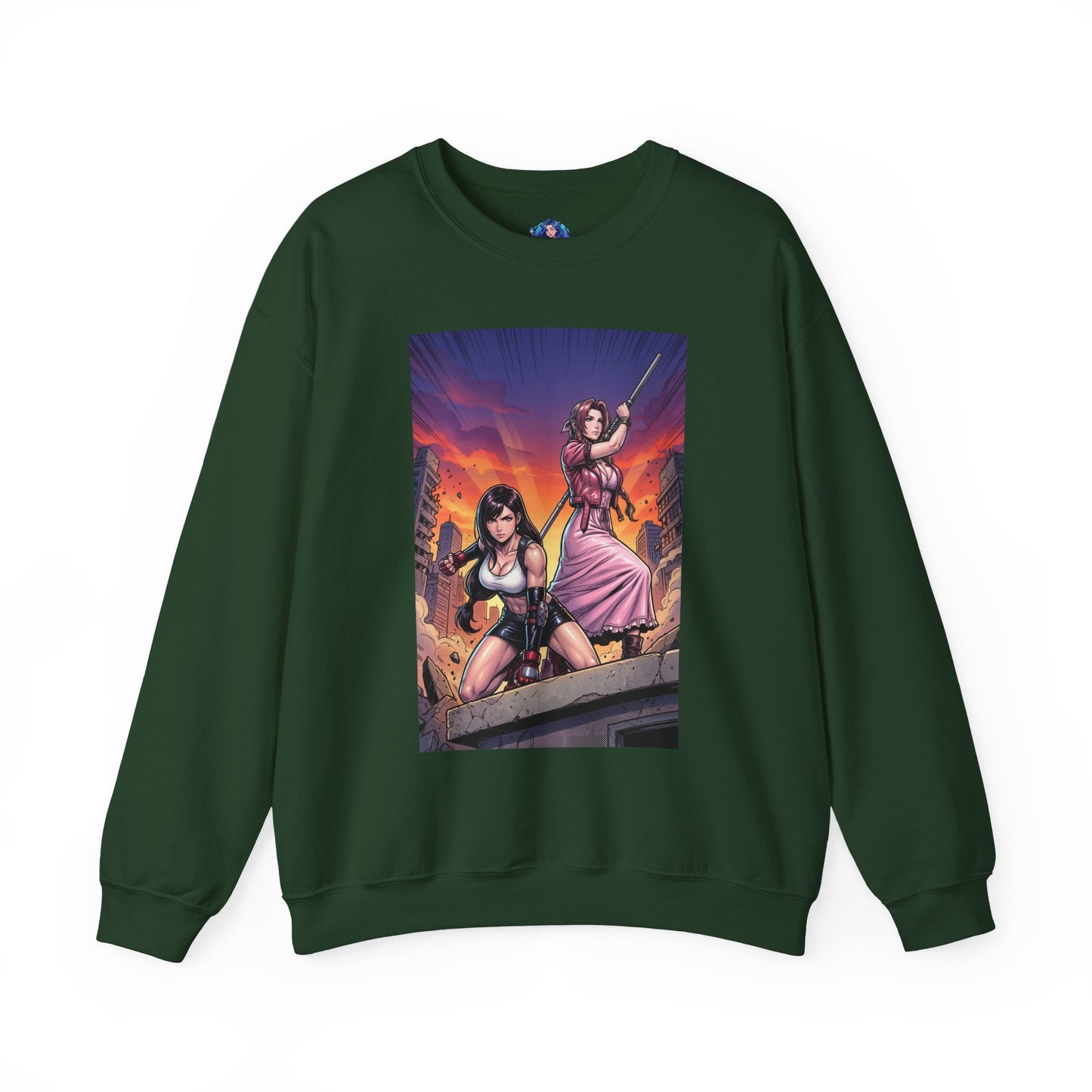 Tifa Lockhart & Aerith Gainsborough Sweatshirt, Game Character Art, Premium Fan Apparel - green crewneck featuring cinematic Tifa and Aerith battle-ready pose