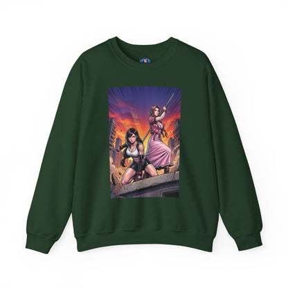 Tifa Lockhart & Aerith Gainsborough Sweatshirt, Game Character Art, Premium Fan Apparel - green crewneck featuring cinematic Tifa and Aerith battle-ready pose
